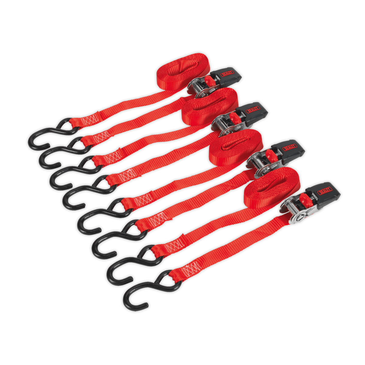 Sealey Ratchet Strap 25mm x 4m Polyester Webbing with S-Hooks 800kg Breaking Strength - 2 Pairs