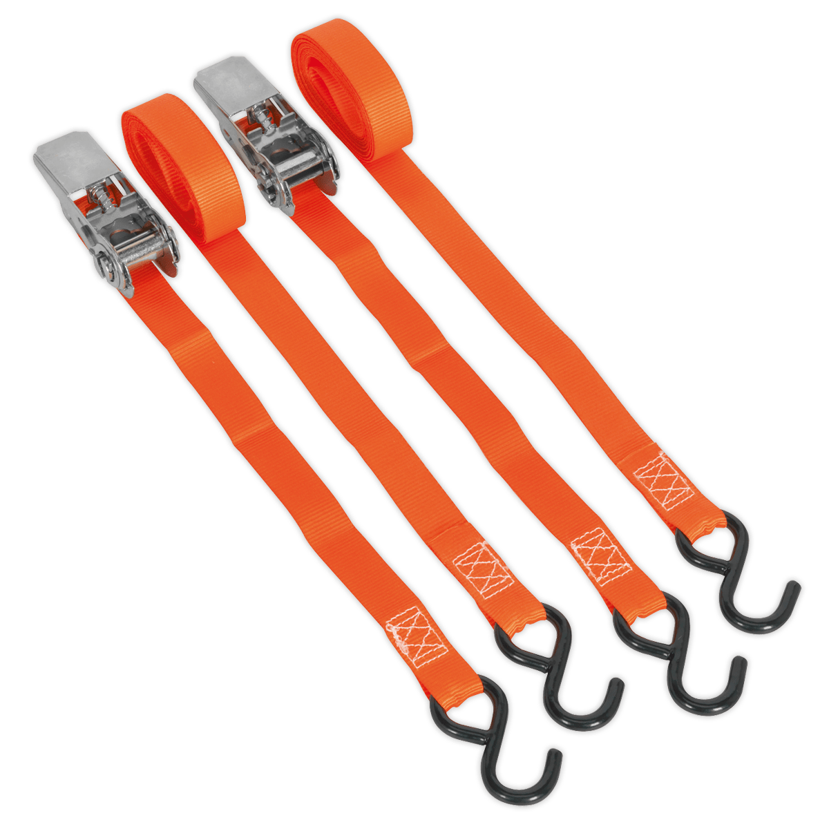 Sealey Ratchet Straps 25mm x 4m Polyester Webbing with S-Hooks 500kg Breaking Strength - Pair