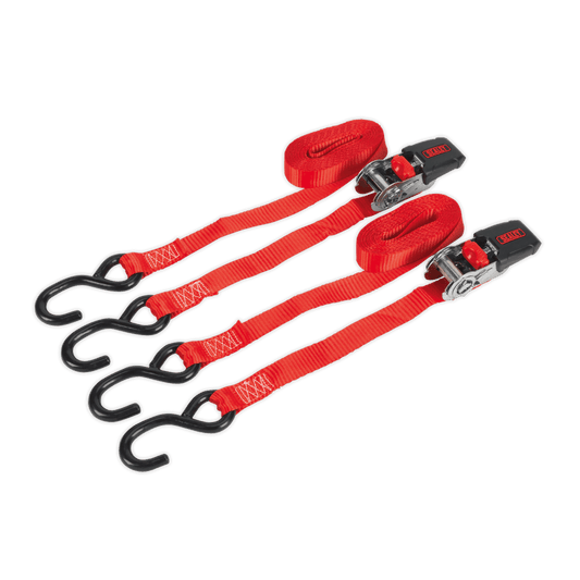 Sealey Ratchet Straps 25mm x 4m Polyester Webbing with S-Hooks 800kg Breaking Strength - Pair